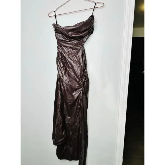 A.L.C. Brown Faux Leather Sleeveless Strapless Ruched Side Cutout Andie Dress 8 - Picture 4 of 16